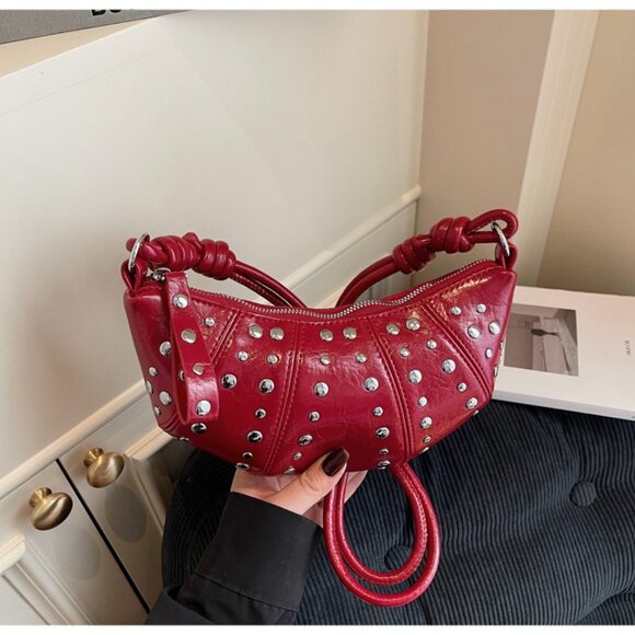 Red Statement Studded Crescent Handbag - Picture 8 of 9